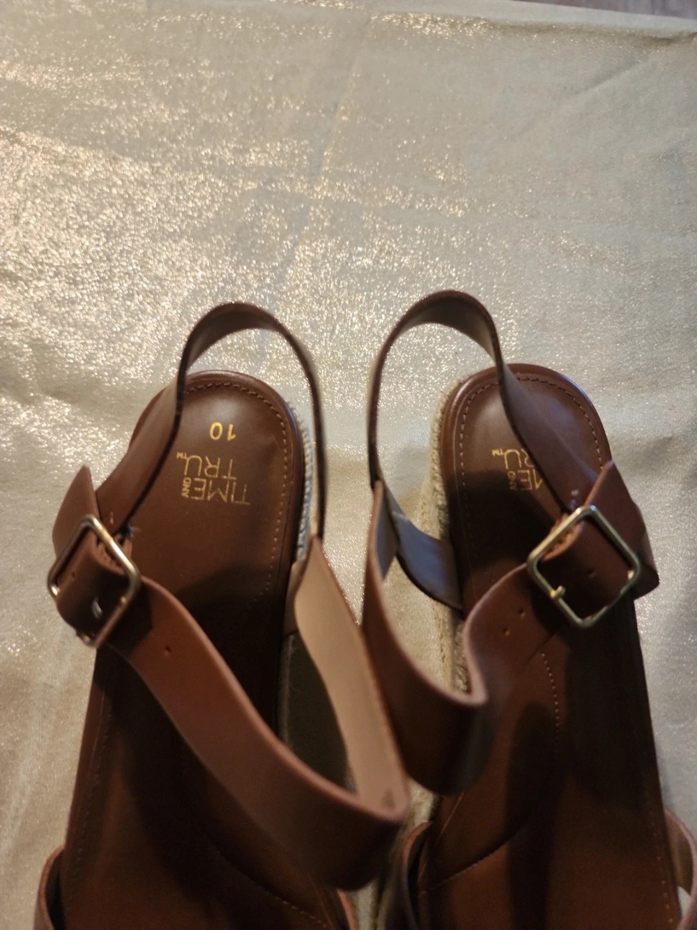 Time and Tru Brown Strappy Slingback Wedge Sandals - Picture 3 of 4